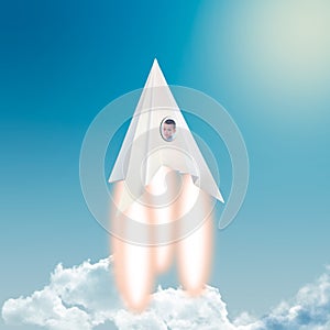 Boy astronaut in paper rocket fly away above clouds in sky to outer space. Contemporary art collage