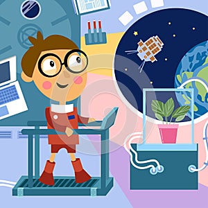 Boy astronaut on space station. Characters in cartoon style with background. Vector full color illustration.