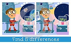 Boy astronaut on space station. Characters in cartoon style. Find 5 differences. Game for children. Vector full color