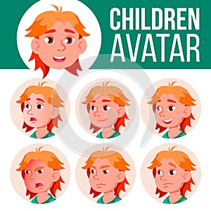 Boy Avatar Set Kid Vector. High School. Face Emotions. Emotions, Emotional. Leisure, Smile. Cartoon Head Illustration