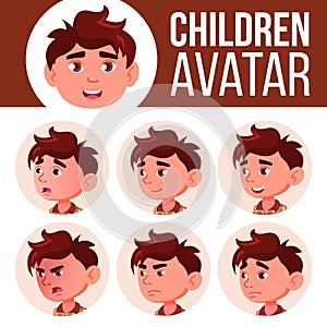 Boy Avatar Set Kid Vector. Kindergarten. Face Emotions. Preschool, Baby, Expression. Birth, Life, Emotional. Print