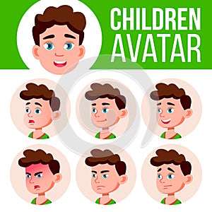 Boy Avatar Set Kid Vector. Primary School. Face Emotions. Flat, Portrait. Youth, Caucasian. Colorful Design. Cartoon