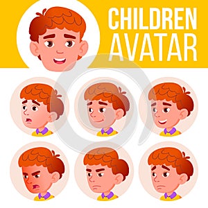 Boy Avatar Set Kid Vector. Primary School. Face Emotions. Red Head, Icon. Small, Junior. Casual, Friend. Cartoon Head