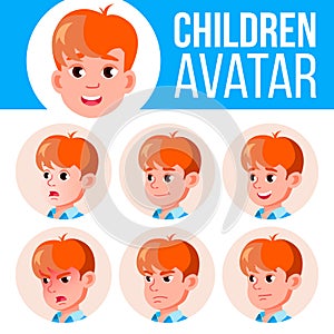 Boy Avatar Set Kid Vector. Primary School. Face Emotions. User, Character. Kids, Positive. Comic, Web. Cartoon Head