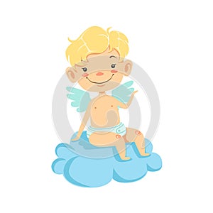 Boy Baby Cupid Sitting On Cloud, Winged Toddler In Diaper Adorable Love Symbol Cartoon Character