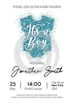 Boy baby shower invitation card with blue glittered baby clothin