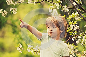 Boy on a background of spring nature. Little hunter. The boy points a finger to something. Beautiful child looks forward