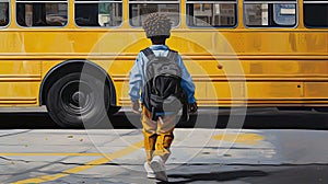 Boy in a backpack goes to the school bus. Generative AI