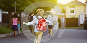 Boy with backpack going to school. Concept of back to school.. AI generated