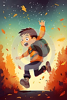 Boy with backpack is jumping in the air with his hands in the air. Generative AI