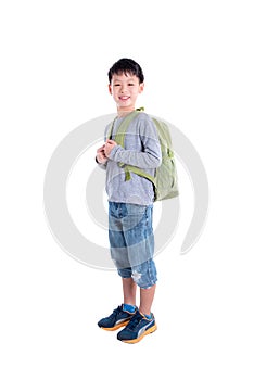 Boy with backpack over white background