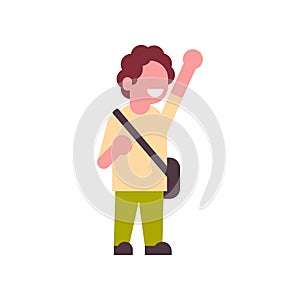 Boy backpack raising hand up school children isolated small primary student over white background flat full length