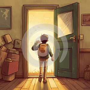 A boy with a backpack standing in front of a door. Generative AI image.