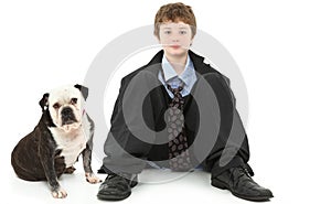 Boy in Baggy Suit with Bulldog