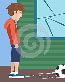 Boy with ball and broken glass, vector cartoon of problem child