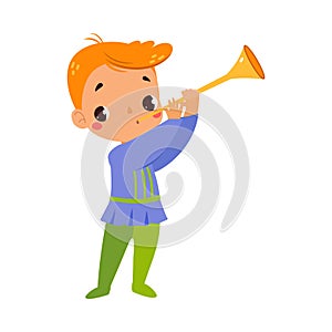 Boy Bard Play Trumpet as Fairy Tale Character Vector Illustration