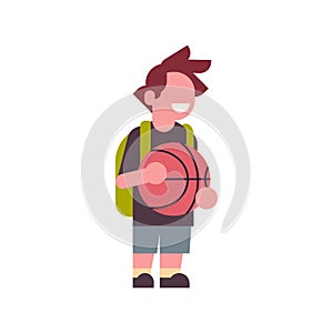 Boy basketball backpack school children isolated small primary student over white background flat full length
