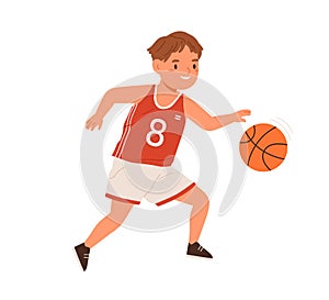 Boy, basketball player dribbling with ball. Child athlete in sportswear during sports activity. Happy active kid