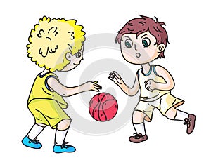 Boy basketball player team opponent fight for ball