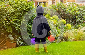 boy in a bat costume for Halloween on the lawn holding a buckets of pumpkin for sweets, back view