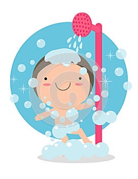 Boy in a bathroom taking a good shower, kids taking shower in bathroom,child healthy lifestyle concept. Vector illustration