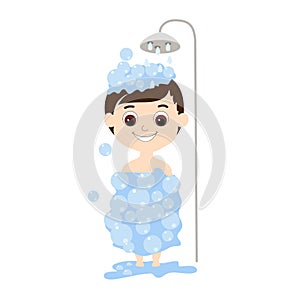 A boy with big brown eyes and hair bathes in the shower. Ð¡artoon illustration of a child performing hygiene procedures.