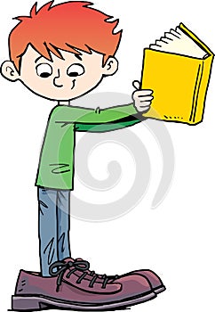 Boy in big shoes with a book in his hands