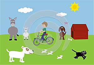 Boy On Bike & Cute Animals Vector Illustration