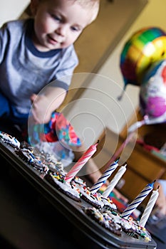 Boy and birthday cupcakes