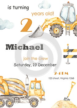 Boy birthday invitation with construction machinery, premade card photo