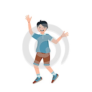 Boy with black hair, face in a shirt, shorts and sneakers smile. Happy kid spread his arms, hugs, dancing. A teenager in