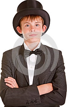 Boy in Black and White Formal Suit with Top Hat