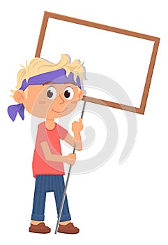 Boy with blank placard. Cartoon kid holding banner