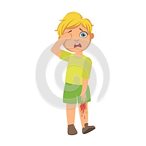 Boy With Bleeding Scratched Knee,Sick Kid Feeling Unwell Because Of The Sickness, Part Of Children And Health Problems