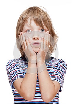 Boy with Blond Hair Suprised, Hands on his Cheeks