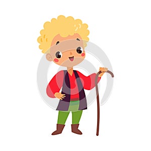 Boy with Blonde Hair with Cane as Fairy Tale Character Vector Illustration