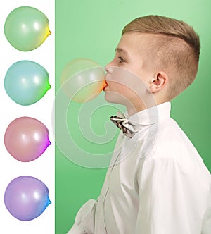 Boy blowing a bubblegum bubble. Plus four blanks