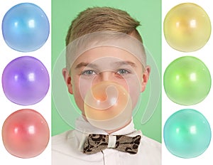 Boy blowing a bubblegum bubble. Plus six blanks