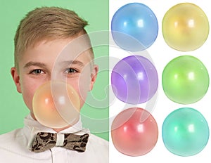 Boy blowing a bubblegum bubble. Plus six blanks photo