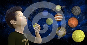 Boy Blowing Bubbles, Planets, Stars