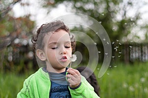 Boy blowing a dandelion flower