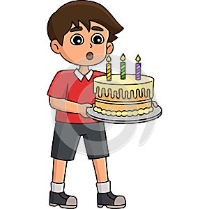 Boy Blowing Happy Birthday Cake Cartoon Clipart