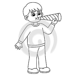 Boy Blowing New Year Trumpet Isolated Coloring