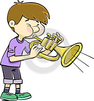 Boy blowing a trumpet loudly