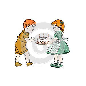 Boy blows out the candles on the cake that girl baked.