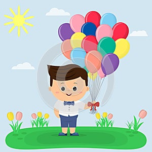 A boy in a blue bow tie holds balloons, a glade with tulips, the sun and sky.