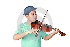 A boy in a blue hat playing the violin