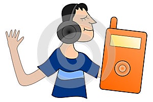 A boy in a blue t-shirt and with headphones listens to music