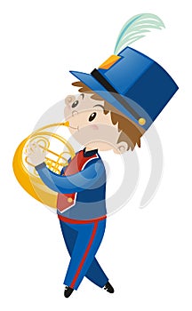 Boy in blue uniform playing french horn