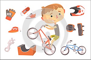 Boy BMX Bike Rider, Kids Future Dream Professional Occupation Illustration With Related To Profession Objects